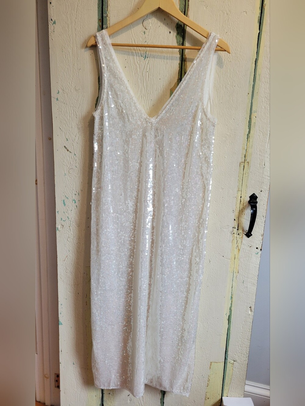 Zara White Sequin V-Neck Maxi Dress